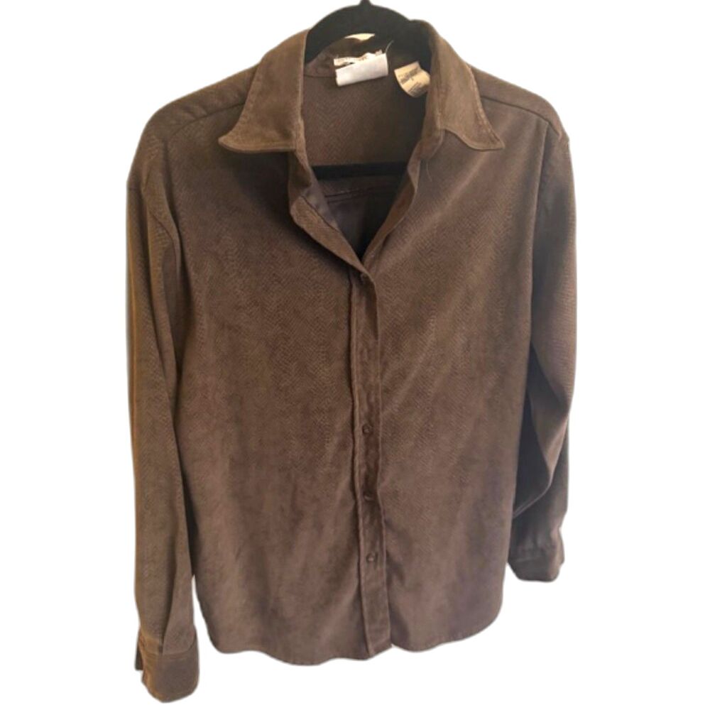 Bill Blass Brown Button Front Blouse Size M Stretch Long Sleeve Classic Top